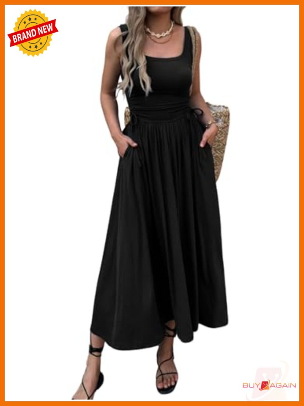 Boho Summer Maxi Dress with Pockets Adjustable Waist Sleeveless Casual Sundress